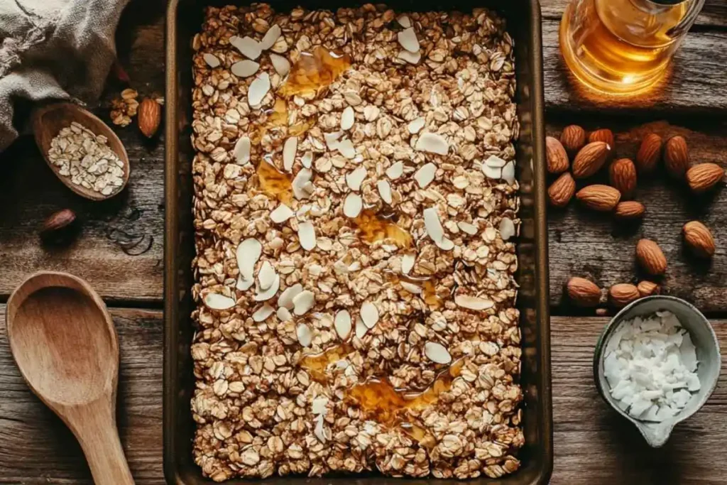 Freshly baked vanilla nut granola in a baking tray, topped with sliced almonds and drizzled with honey, surrounded by oats, coconut flakes, and whole almonds on a rustic wooden table.