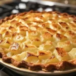 A golden-brown Passover potato pie served in a baking dish, garnished with fresh herbs, perfect for a traditional Seder meal.