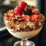 A glass bowl filled with creamy yogurt layered with vanilla nut granola, fresh strawberries, and almonds, creating a wholesome and delicious parfait.