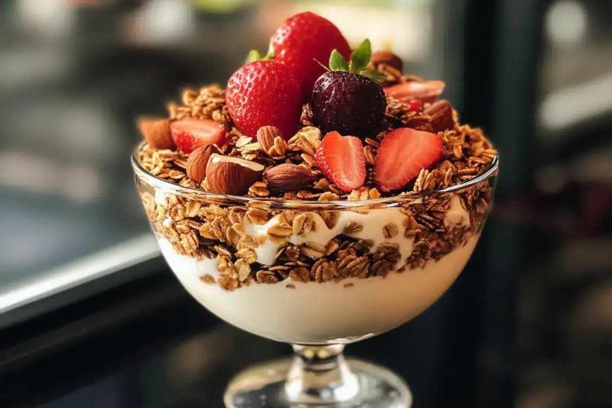 A glass bowl filled with creamy yogurt layered with vanilla nut granola, fresh strawberries, and almonds, creating a wholesome and delicious parfait.