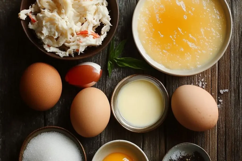 Fresh crab meat, eggs, cream, sugar, and seasonings arranged on a rustic wooden table, showcasing the key ingredients for a crab brulee recipe.