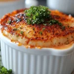 "Rich and creamy crab brulee in a white ramekin with a golden caramelized topping, garnished with fresh parsley, served on a plate.