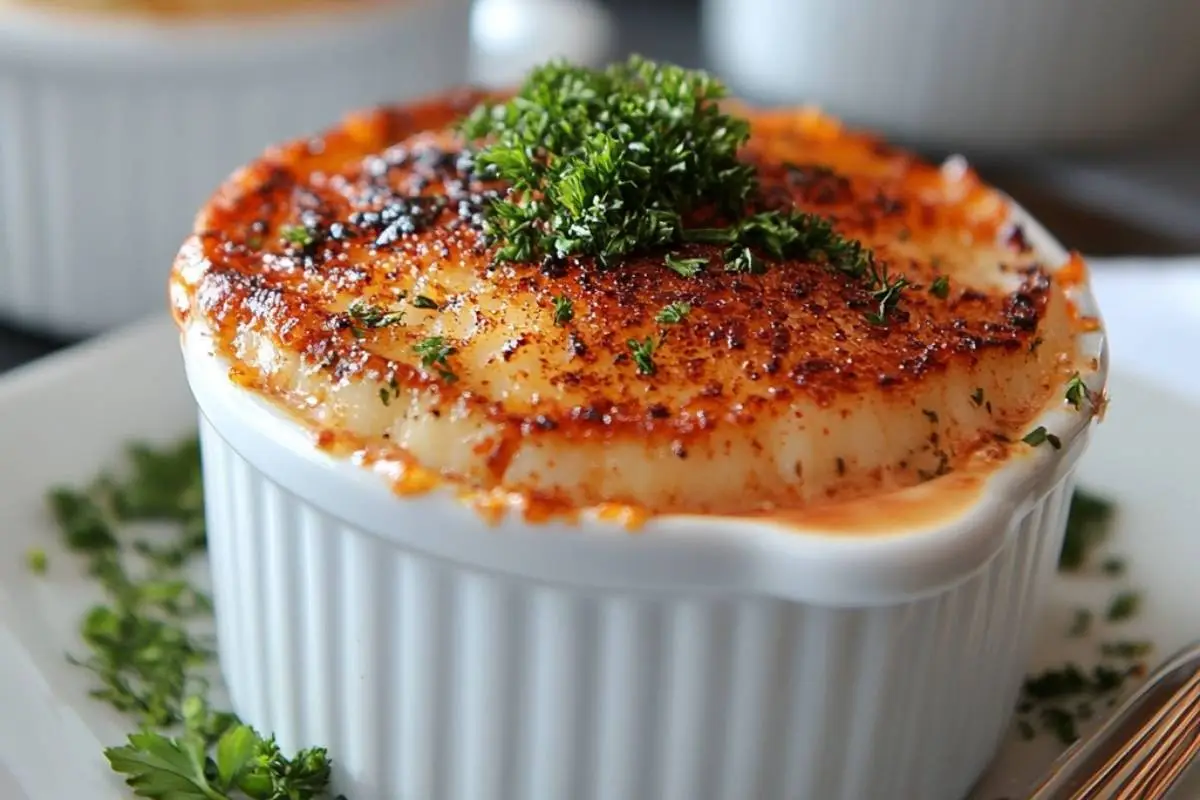 "Rich and creamy crab brulee in a white ramekin with a golden caramelized topping, garnished with fresh parsley, served on a plate.