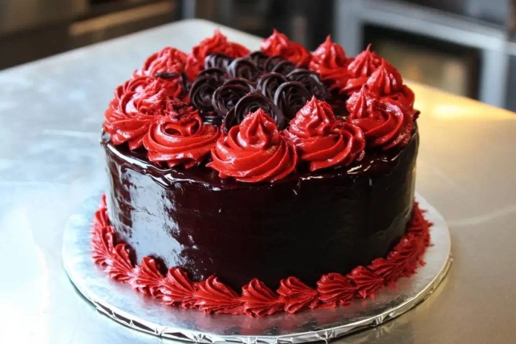 A rich red velvet cake coated with glossy chocolate ganache, topped with swirls of red and dark chocolate frosting, and decorated with intricate piping