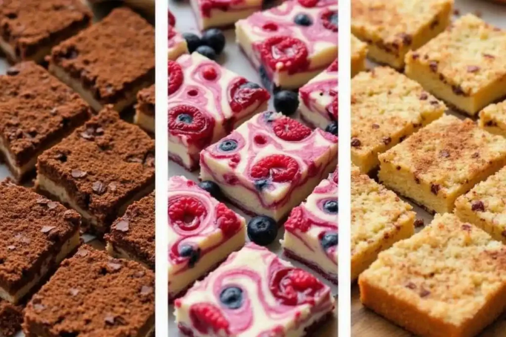 Three variations of kefir sheet cake: chocolate with chocolate chips, berry swirl with raspberries and blueberries, and classic with a crumb topping, displayed side by side.