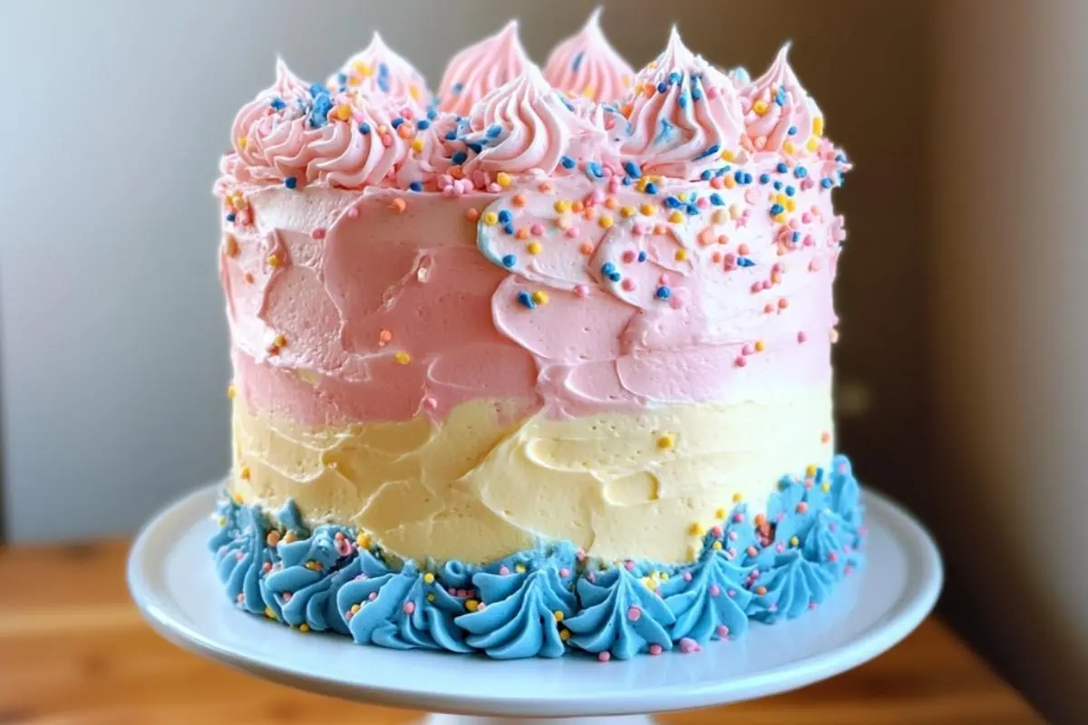 A gender reveal cake decorated with pastel pink, yellow, and blue buttercream, topped with colorful sprinkles and swirls of piped frosting