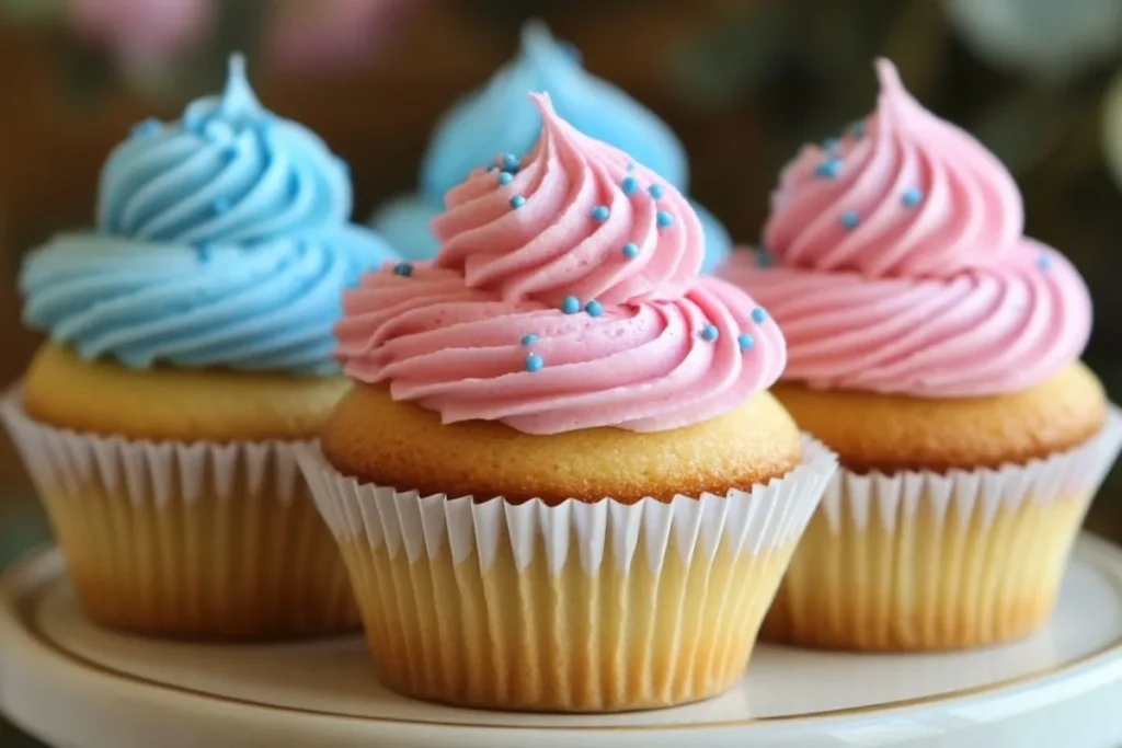 Vanilla cupcakes topped with pink and blue swirled frosting, decorated with small blue sprinkles, perfect for mini gender reveal celebrations.