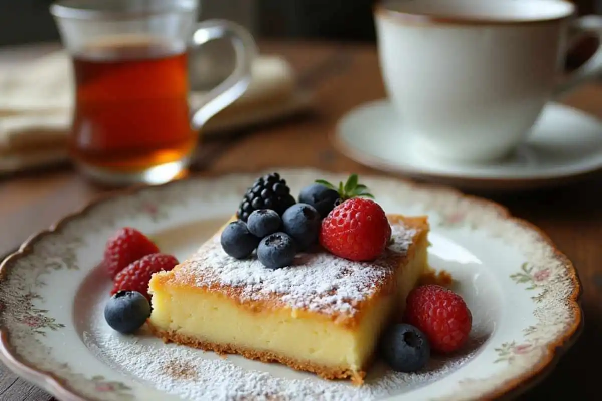 A slice of kefir sheet cake dusted with powdered sugar, topped with fresh berries, served on a floral plate with tea and a teacup in the background.