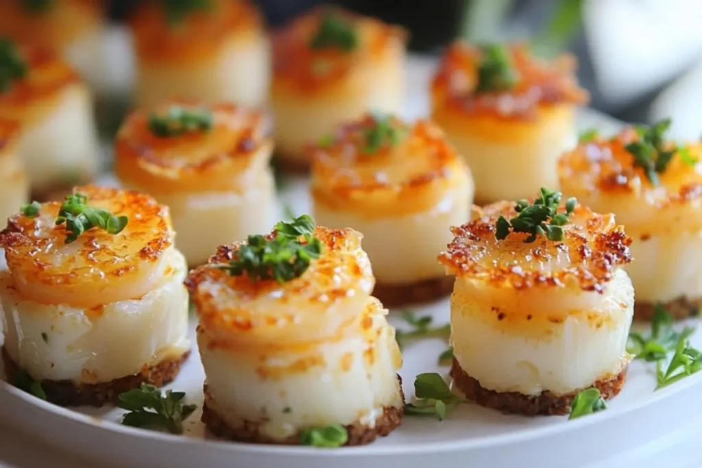 Close-up of mini crab brulee appetizers with caramelized tops, garnished with fresh herbs, served on a white plate.