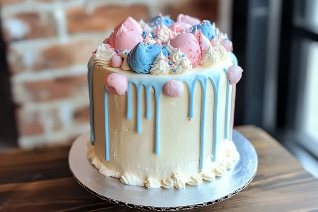 A beautifully decorated cake with a smooth white buttercream finish, light blue drip icing, and pastel pink and blue meringue toppings, accented with sprinkles.