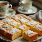 A freshly baked kefir sheet cake recipe, dusted with powdered sugar and cut into even squares, served on a rustic plate with vintage teacups and fresh raspberries in the background.