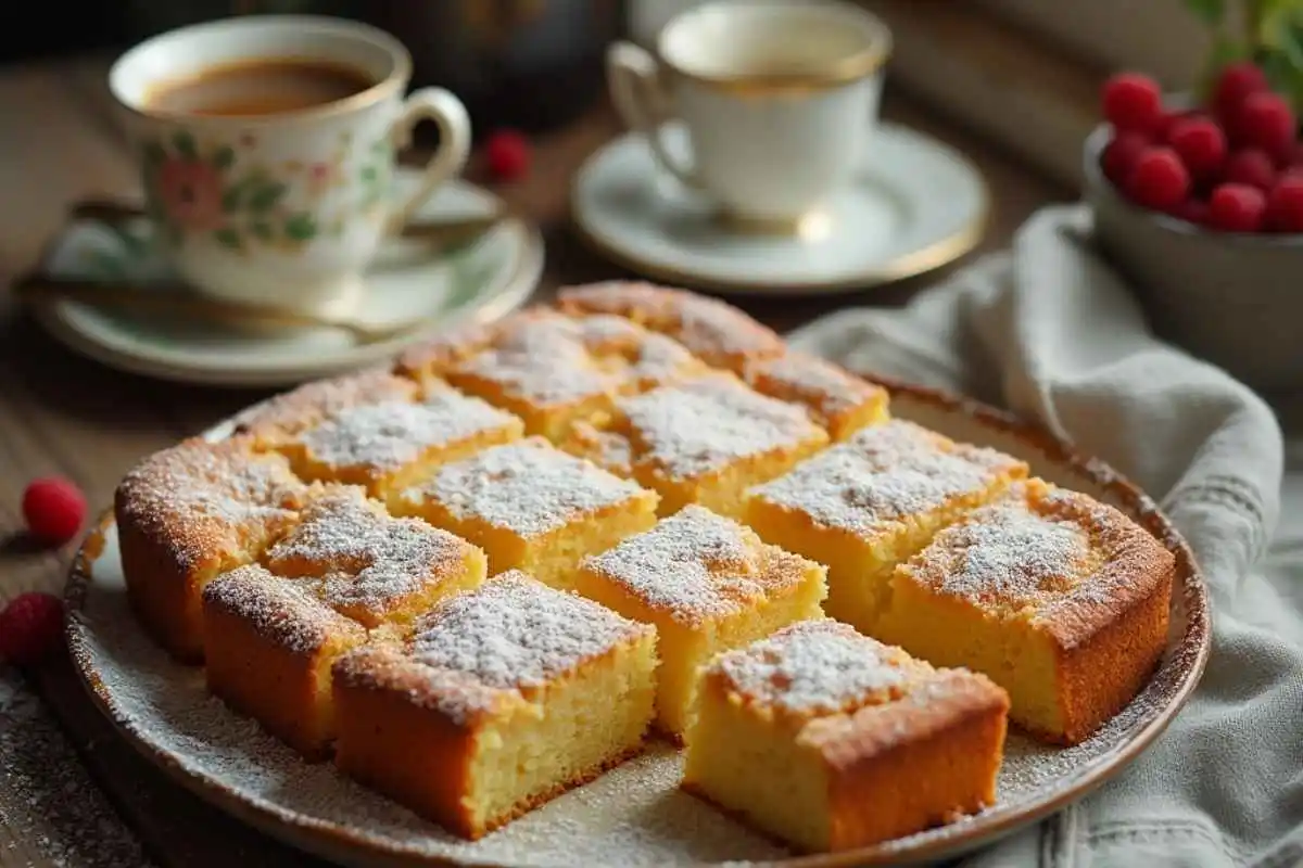 A freshly baked kefir sheet cake recipe, dusted with powdered sugar and cut into even squares, served on a rustic plate with vintage teacups and fresh raspberries in the background.