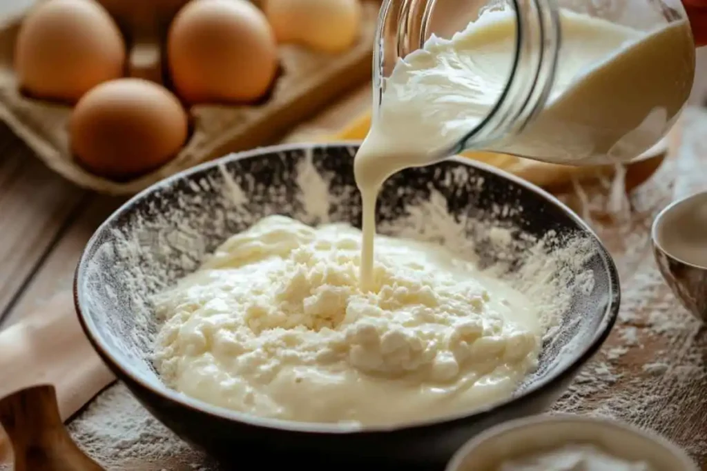 Pouring kefir into a bowl of flour and baking ingredients, surrounded by fresh eggs and baking tools on a rustic kitchen countertop.