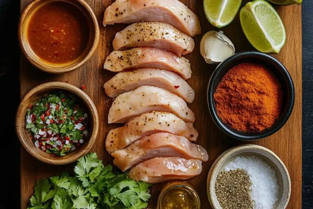 A top-down view of fresh ingredients for a Mexican chicken marinade, including chicken breasts, olive oil, lime wedges, garlic, and spices on a wooden cutting board.