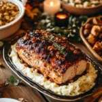 A stunning spread from the Best Lectin Free Thanksgiving Recipes, featuring a herb-crusted roast on creamy mashed cauliflower with festive side dishes.