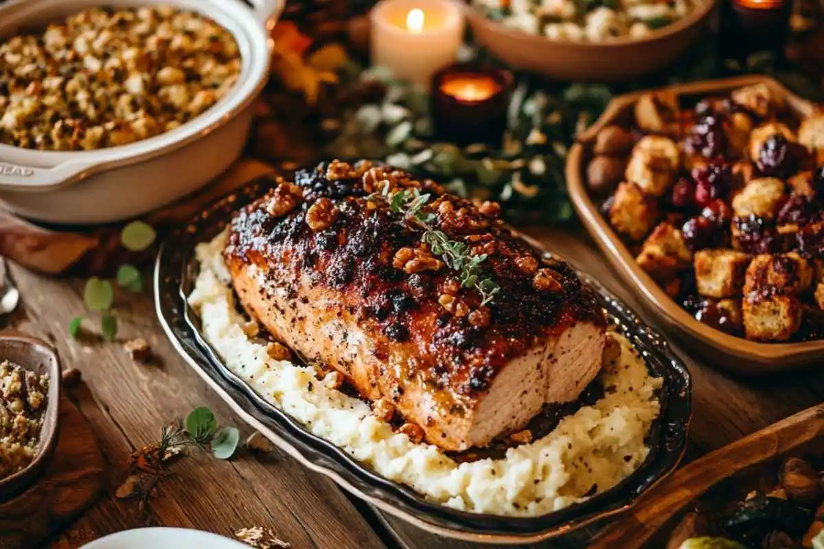 A stunning spread from the Best Lectin Free Thanksgiving Recipes, featuring a herb-crusted roast on creamy mashed cauliflower with festive side dishes.