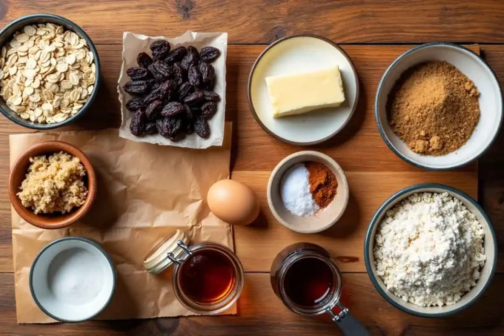 A flat lay of ingredients for oatmeal raisin cookies, including rolled oats, raisins, butter, brown sugar, an egg, cinnamon, vanilla extract, flour, and baking soda, arranged on a wooden surface.