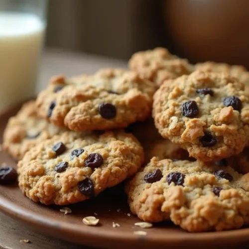 A plate of Fresh and Chewy Clubhouse Oatmeal Raisin Cookie Recipe with golden brown edges, featuring visible raisins and oats, placed next to a glass of milk on a rustic wooden table.