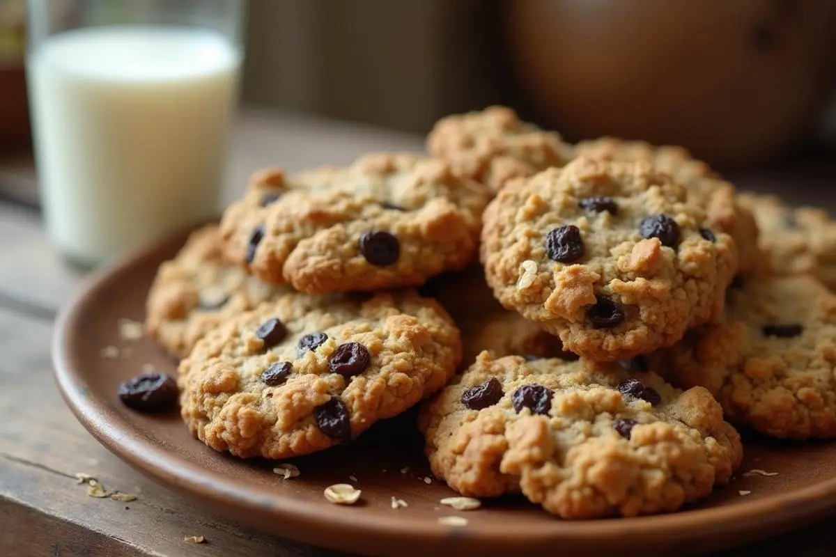 A plate of Fresh and Chewy Clubhouse Oatmeal Raisin Cookie Recipe with golden brown edges, featuring visible raisins and oats, placed next to a glass of milk on a rustic wooden table.