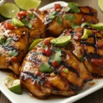 Juicy grilled Mexican chicken with a golden-brown char, garnished with fresh herbs and lime wedges on a rustic wooden plate.