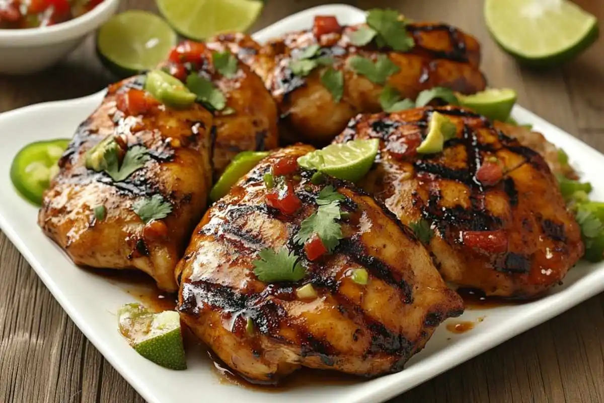 Juicy grilled Mexican chicken with a golden-brown char, garnished with fresh herbs and lime wedges on a rustic wooden plate.