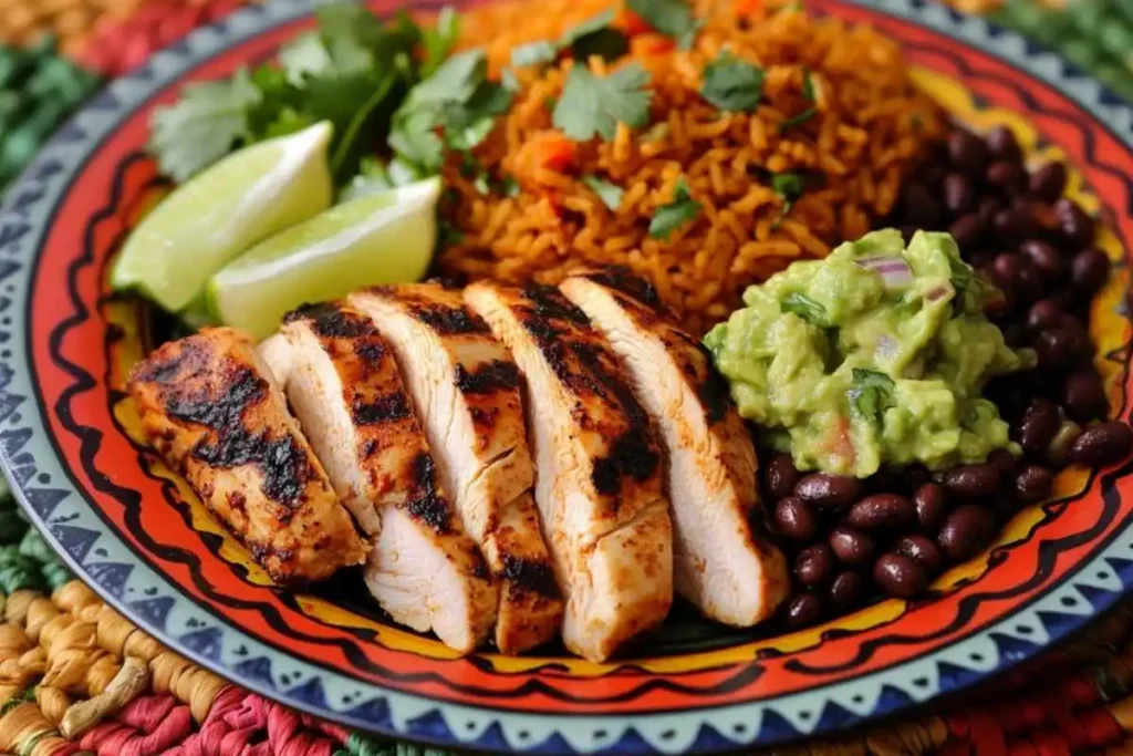 A plated meal of sliced grilled Mexican chicken with Mexican rice, black beans, guacamole, and garnishes on a vibrant traditional Mexican plate.