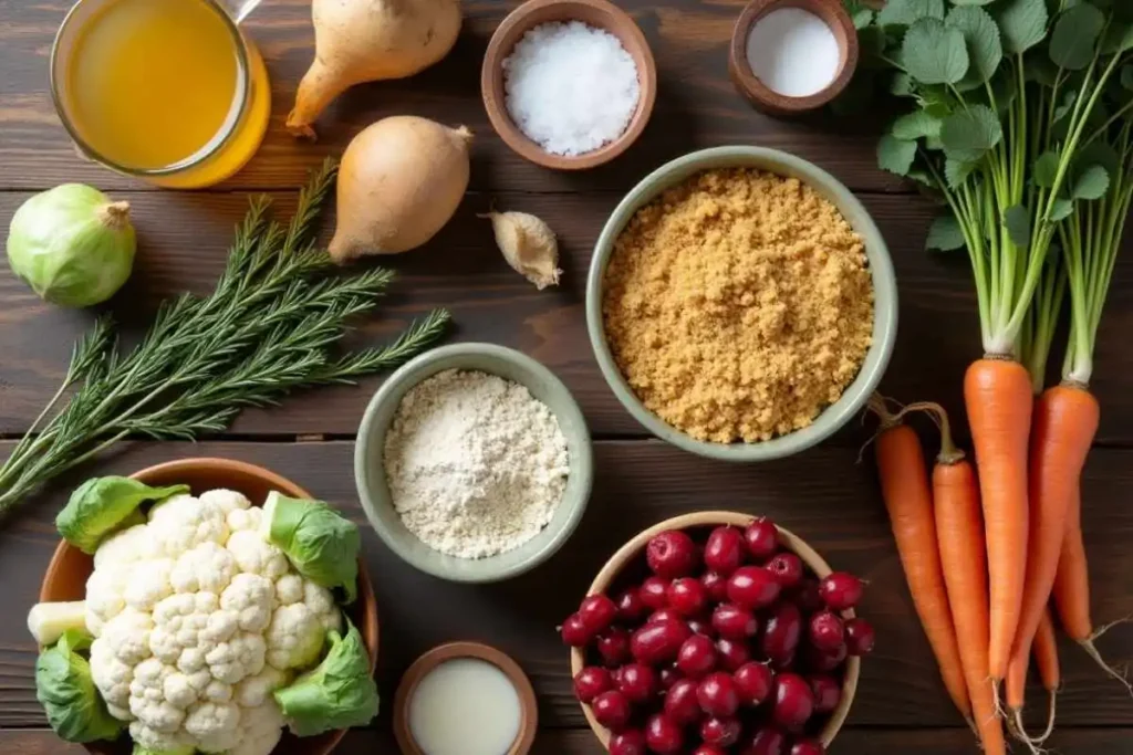 An assortment of fresh ingredients for the Best Lectin Free Thanksgiving Recipes, including cauliflower, cranberries, carrots, cassava flour, and fresh herbs