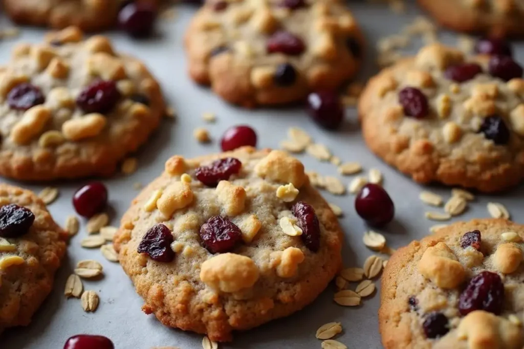 Close-up of oatmeal cookies topped with dried cranberries and oats, placed on a parchment-lined baking sheet, surrounded by scattered ingredients like oats and cranberries.