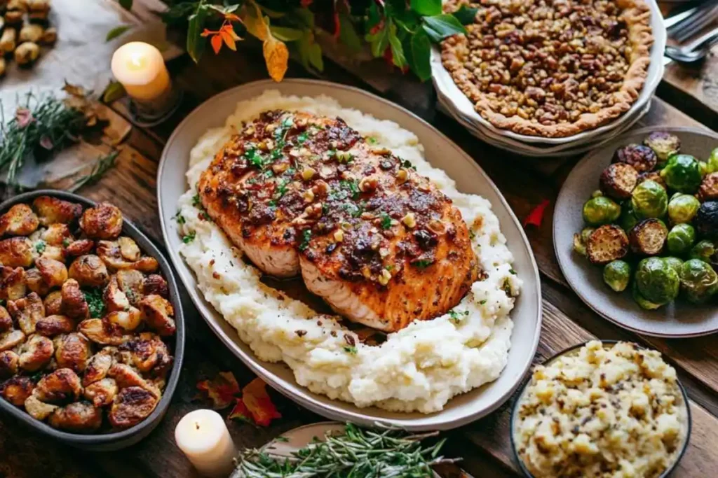 Serving suggestions for the Best Lectin Free Thanksgiving Recipes, featuring a herb-crusted salmon on mashed cauliflower, roasted Brussels sprouts, and pecan pie.