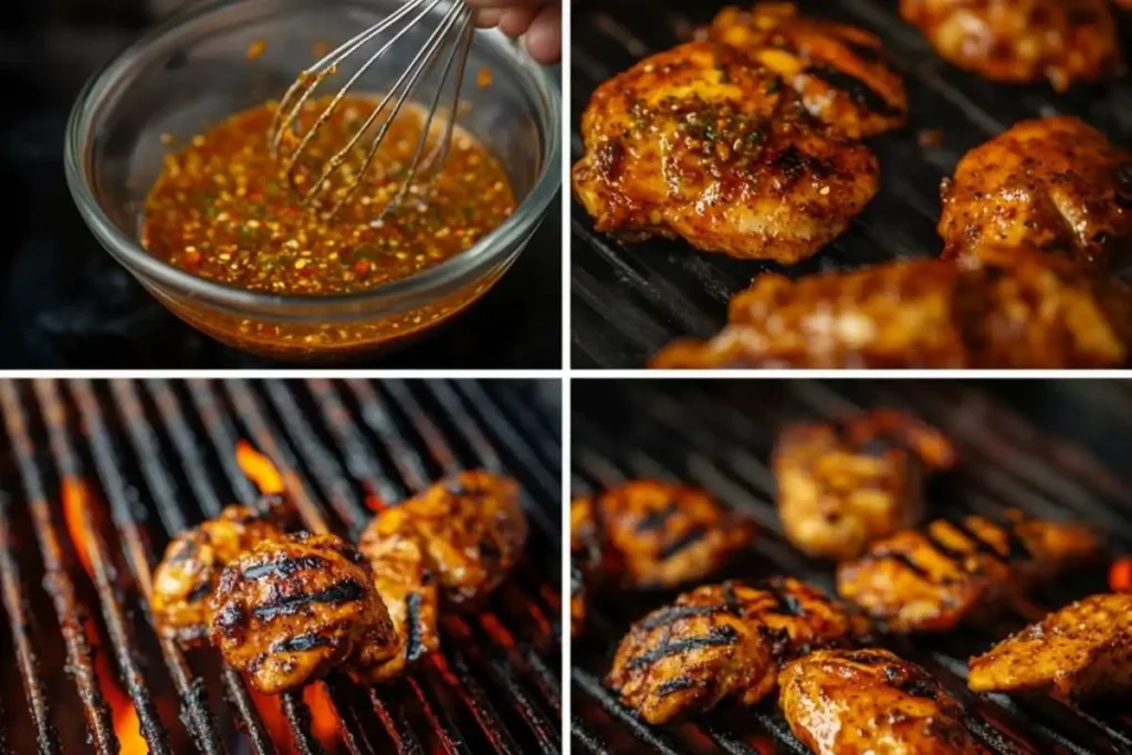 A step-by-step collage of making Mexican chicken marinade, from whisking the ingredients to coating the chicken and grilling it to perfection.