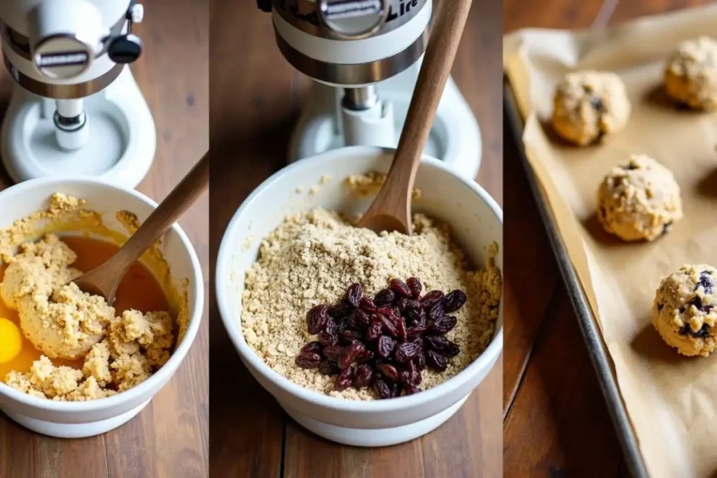 Step-by-step process of making oatmeal raisin cookies, showing eggs and wet ingredients being mixed, oats and raisins being folded in, and cookie dough balls on a parchment-lined baking sheet.