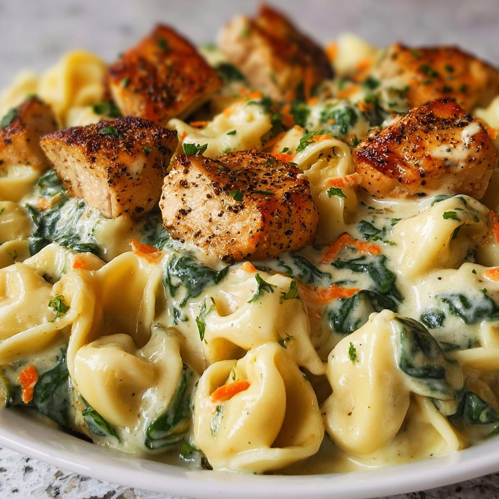 Cheesy Garlic Parmesan Chicken Tortellini with Spinach in Creamy Sauce Recipe - Recipe Image