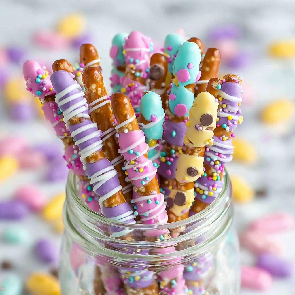 Easter Pretzel Rods with White Chocolate, M&Ms, and Candy Melts Recipe - Recipe Image
