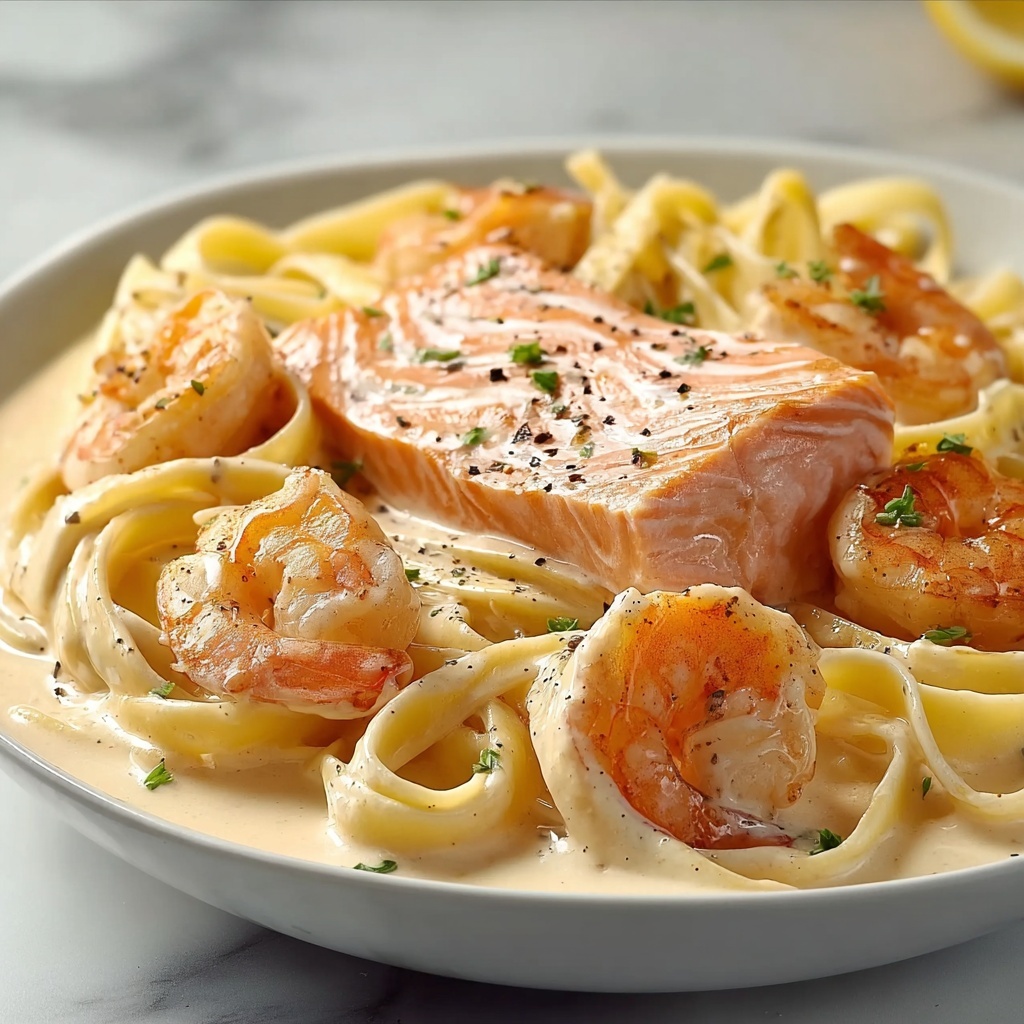 Salmon and Shrimp Alfredo Recipe - Recipe Image