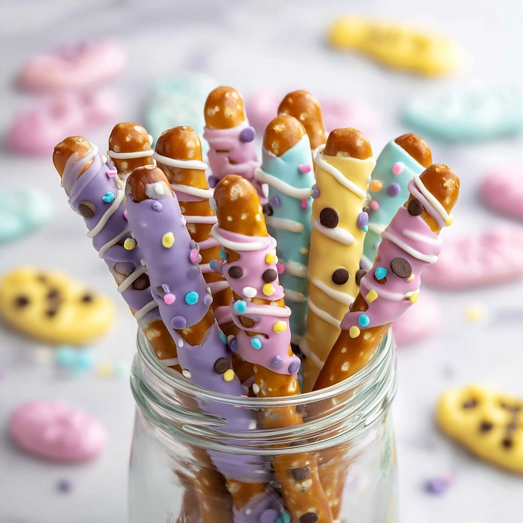 Easter Pretzel Rods with White Chocolate, M&Ms, and Candy Melts Recipe - Recipe Image