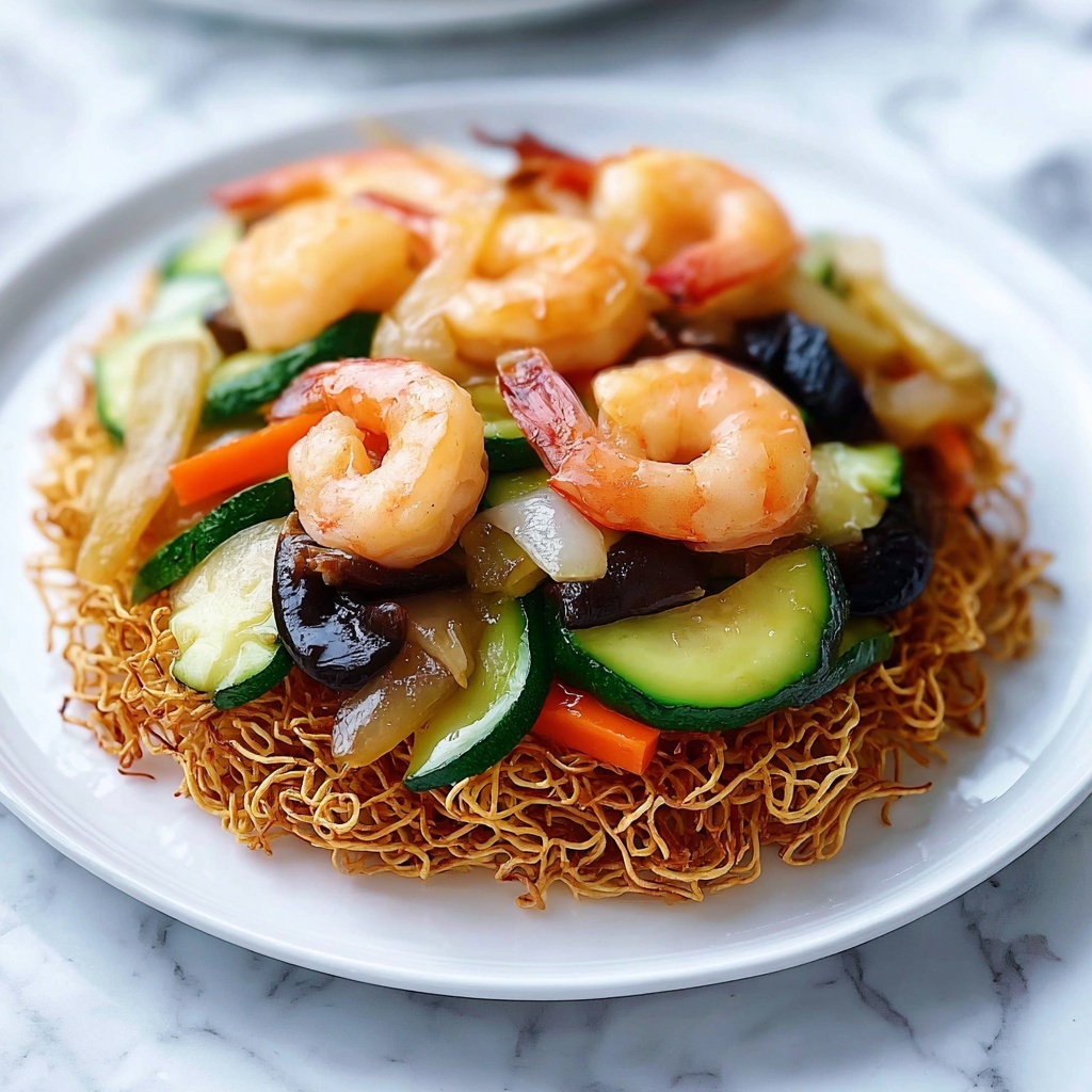 Crispy Cake Noodle Stir Fry with Shrimp and Vegetables Recipe - Recipe Image
