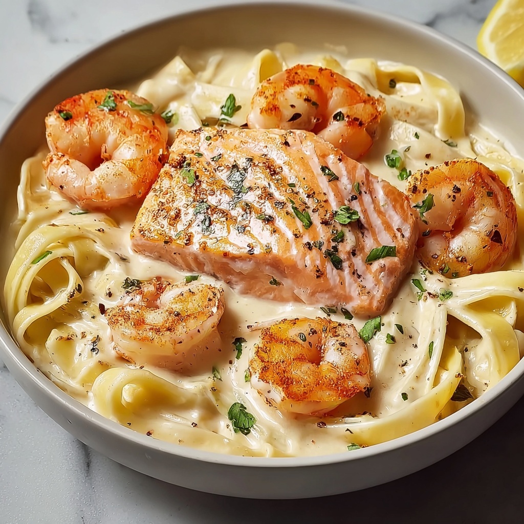 Salmon and Shrimp Alfredo Recipe - Recipe Image
