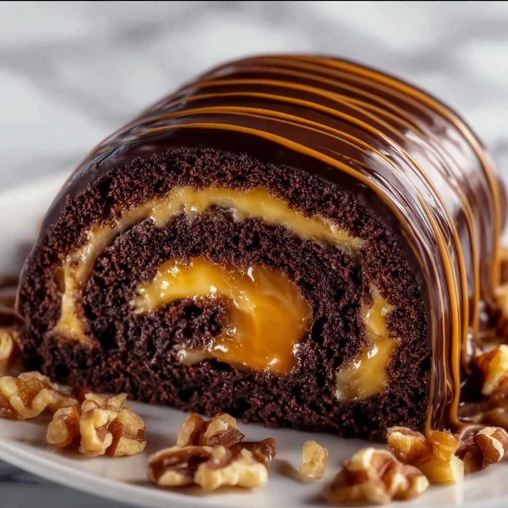 Gooey Chocolate Caramel Turtle Cake Roll Recipe - Recipe Image