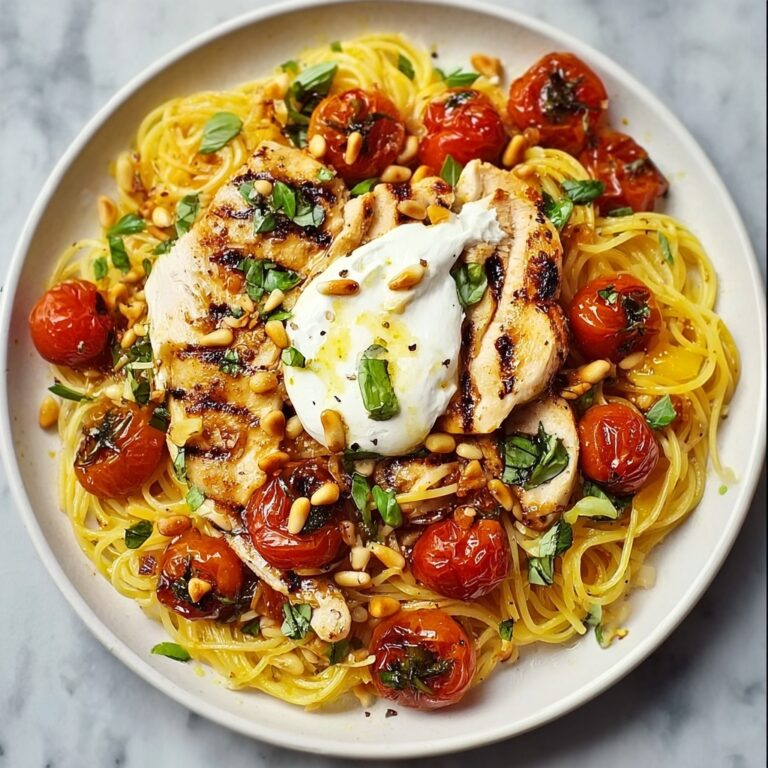 Chicken Spaghetti with Burrata, Roasted Cherry Tomatoes, and Lemon Butter Garlic Sauce Recipe