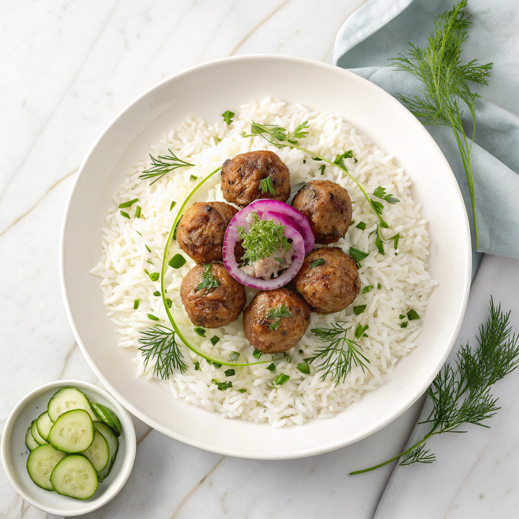 Greek Meatball Bowl with Tzatziki, Rice & Fresh Veggies Recipe - Recipe Image