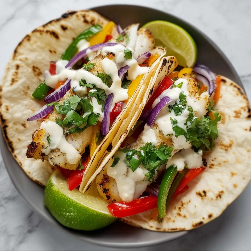 Fish Tacos with Garlic Lime Crema Recipe - Recipe Image