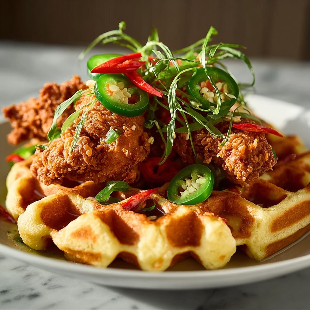 Homemade Fried Chicken ‘n’ Waffles with Jalapeno Honey Butter Sauce Recipe - Recipe Image