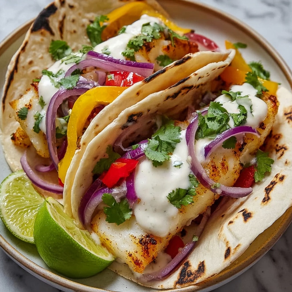 Fish Tacos with Garlic Lime Crema Recipe - Recipe Image